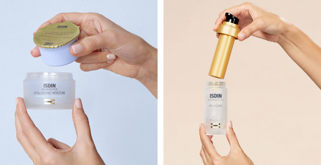 Productos de cuidado facial ISDIN mostrados en sus envases con aplicadores