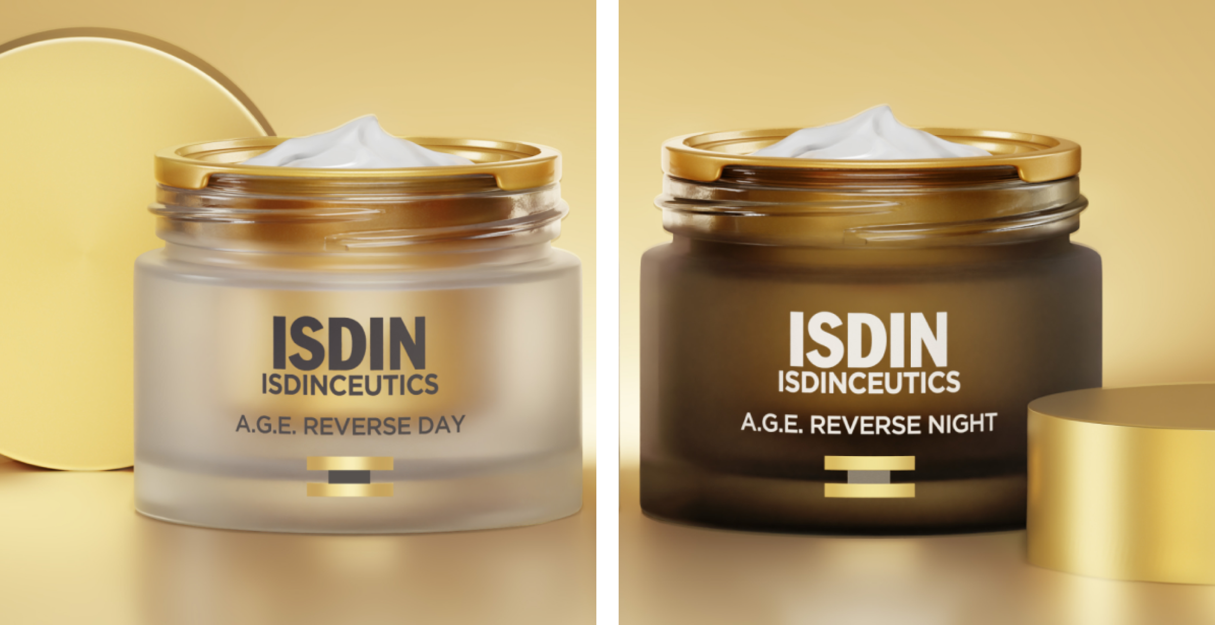 Cremas faciales ISDINCEUTICS A.G.E.  en envase blanco con tapa dorada, textura cremosa para hidratar y proteger la piel en otoño.