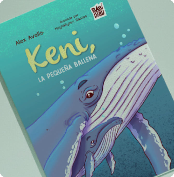 Portada del libro infantil Keni, la pequeña ballena de Alex Avello, educación y conciencia marina para niños