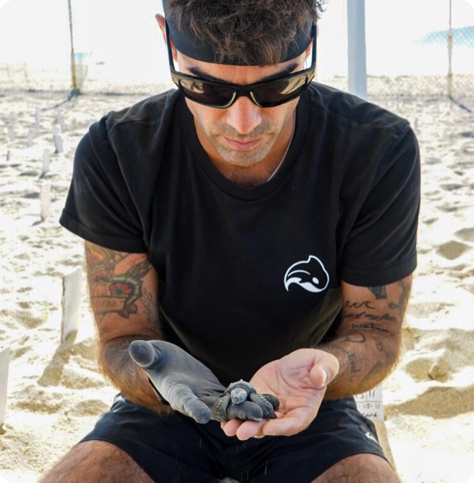 Alex Avello sosteniendo una cría de tortuga marina durante un proyecto de conservación de fauna marina