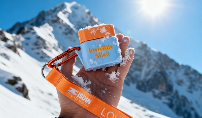 Imagen de fotoprotector Invisible Stick con detalle de textura de nieve compacta y brillante. La superficie refleja la luz del sol, representando el alto nivel de radiación ultravioleta que se produce en ambientes nevados.