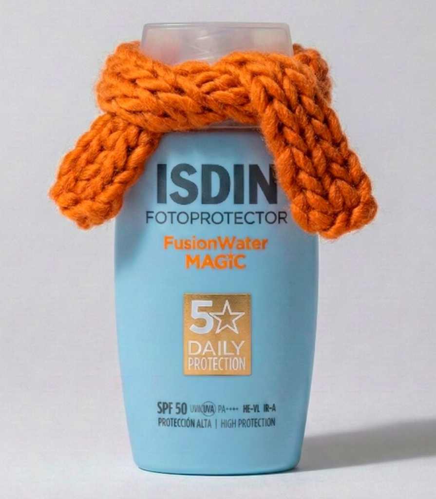 Montaje de Fusion Water MAGIC de ISDIN con bufanda