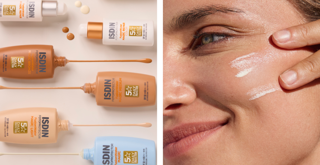 Fotoprotectores faciales ISDIN Fusion Water Magic con distintas tonalidades, vinculados a la protección solar diaria para prevenir el fotoenvejecimiento