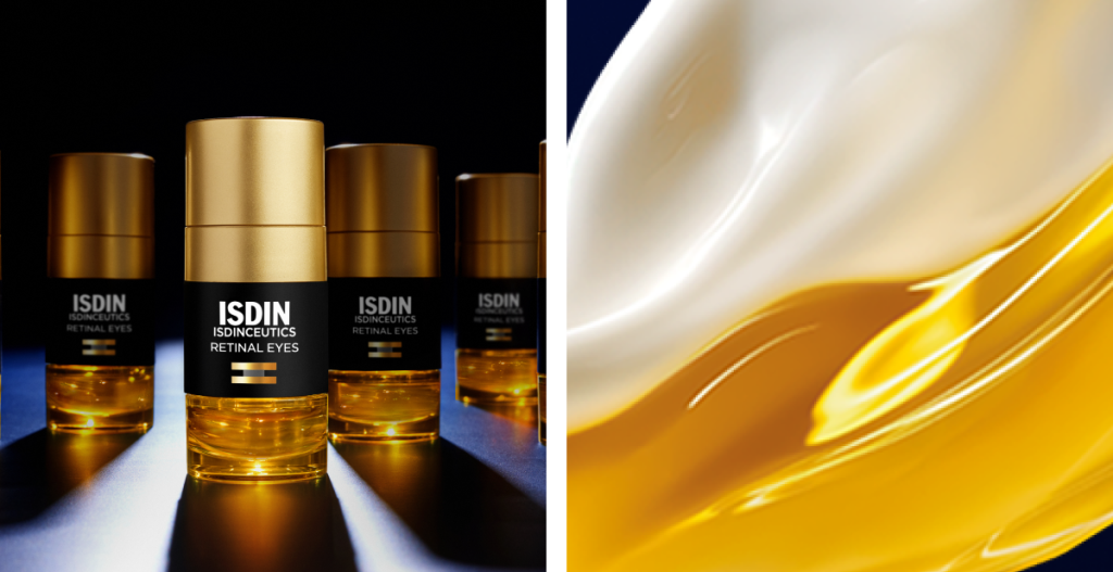 Contornos de ojos ISDIN con retinal sobre fondo oscuro y textura dorada, asociados a la regeneración nocturna y mejora de líneas finas