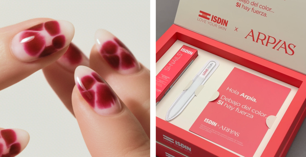 Diseño de manicura artística junto a kit fortalecedor de uñas ISDIN x ARPÍAS