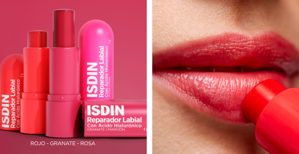 Reparadores labiales ISDIN con ácido hialurónico en tonos rojo, granate y rosa, hidratación y color sutil para un look make up no make up.