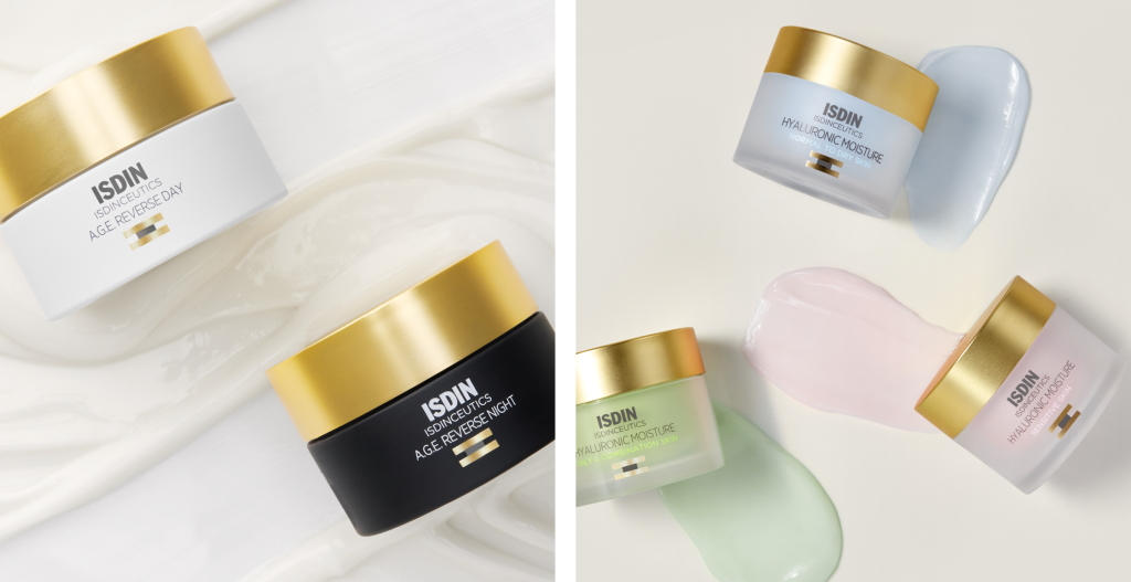 Cremas hidratantes ISDIN Isdinceutics con diferentes texturas para distintos tipos de piel, parte de la rutina skincare previa al maquillaje natural.