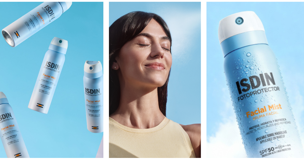 Composición de ISDIN Facial Mist SPF 50 con envases en el aire, aplicación sobre el rostro y producto con gotas de agua.