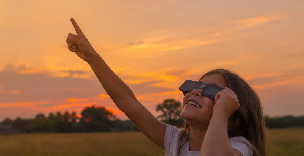 Niña observando el cielo con gafas certificadas para ver un eclipse solar de forma segura