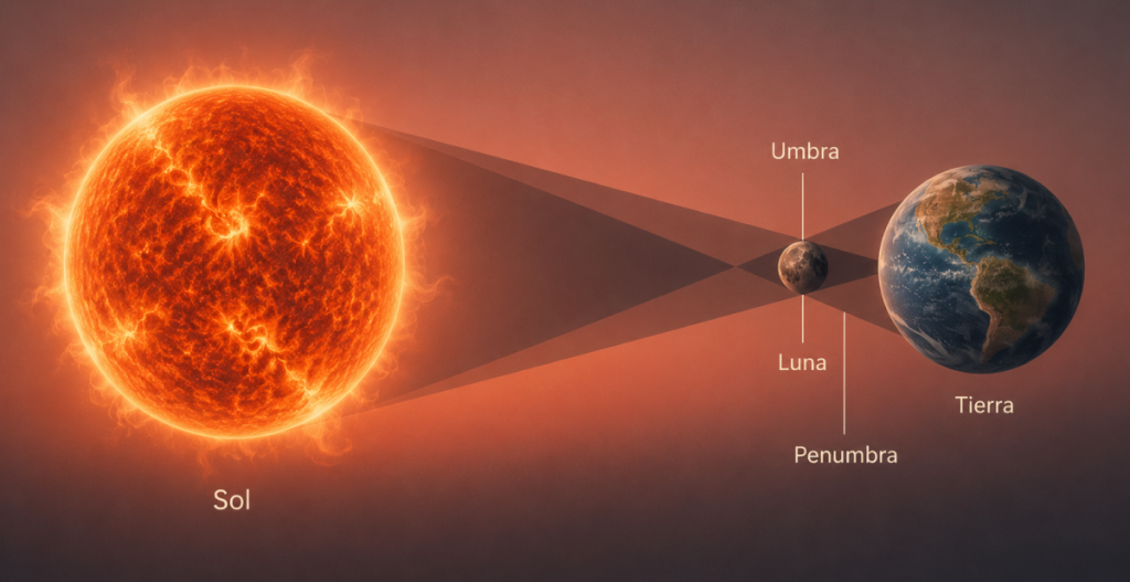 Diagrama de un eclipse solar con Sol, Luna, Tierra, umbra y penumbra explicando cómo se forma la sombra
