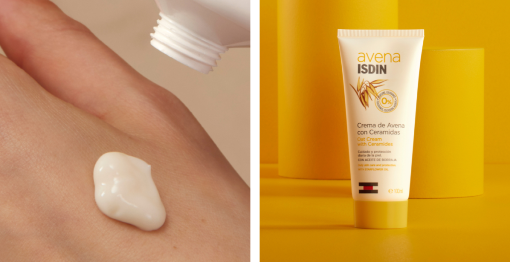 Avena ISDIN Crema de Avena con Ceramidas junto a una textura cremosa aplicada sobre la piel.