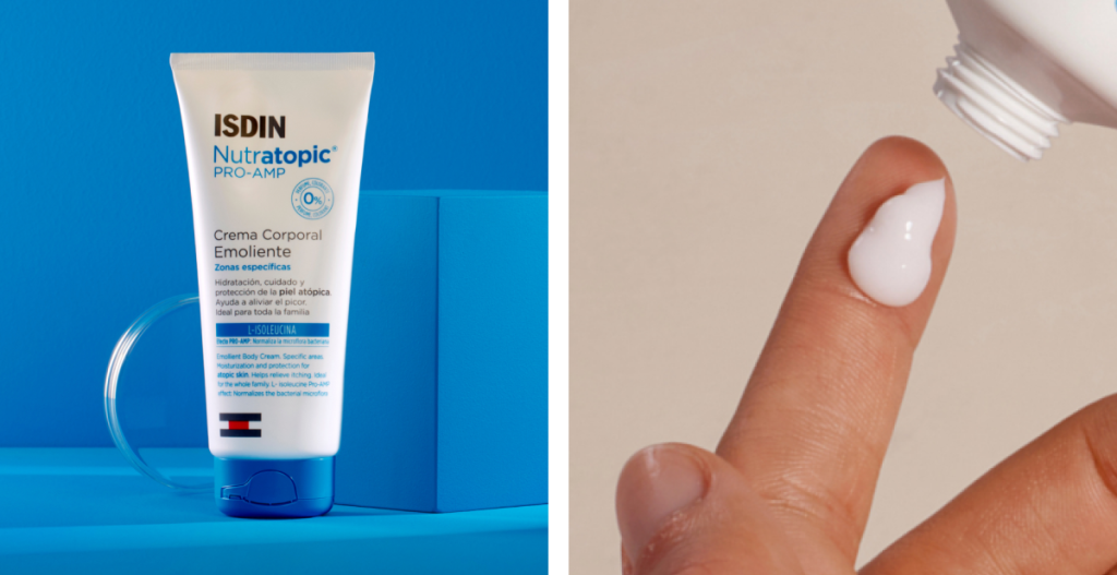 Nutratopic Pro-AMP Crema Corporal Emoliente junto a una textura blanca aplicada sobre la yema de un dedo.