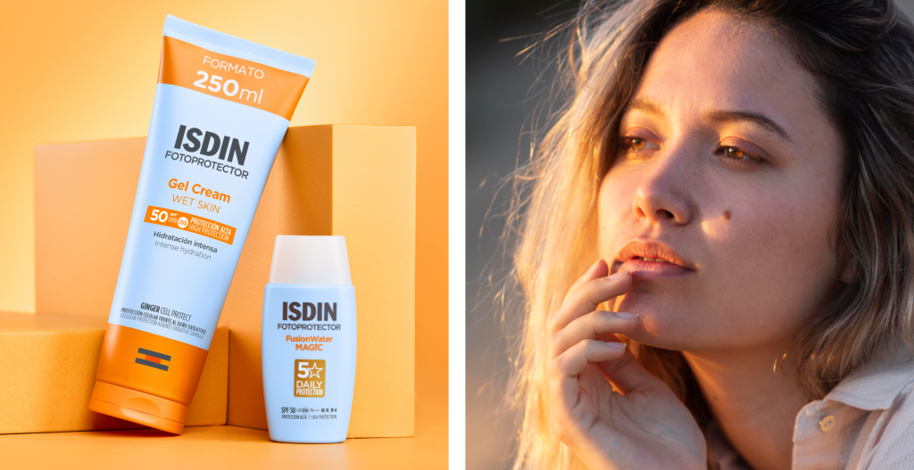 Fotoprotectores ISDIN y mujer iluminada por el sol, protección solar para disfrutar del eclipse solar 2026 en España