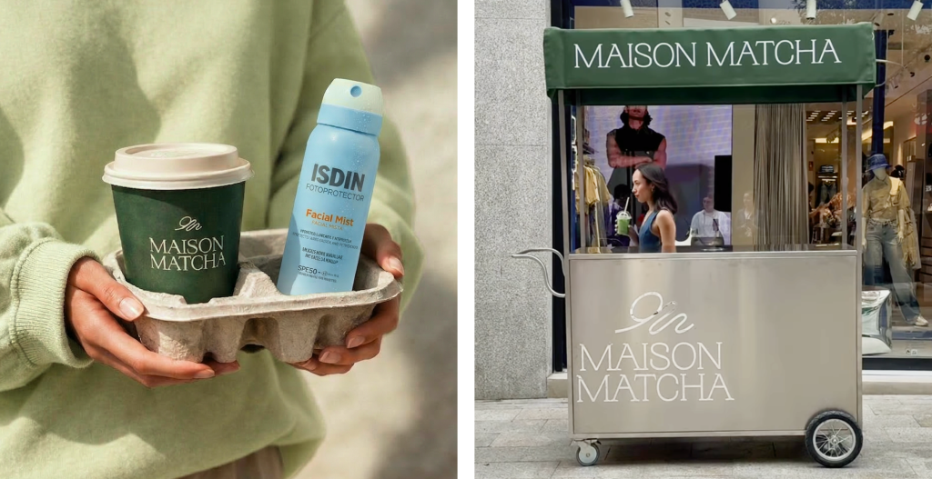 ISDIN Facial Mist SPF 50 junto a un vaso de Maison Matcha y carrito promocional de Maison Matcha en la calle.