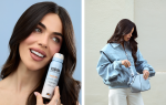 Violeta Mangriñan sosteniendo ISDIN Facial Mist SPF 50 junto al rostro y guardando el producto en un bolso azul.