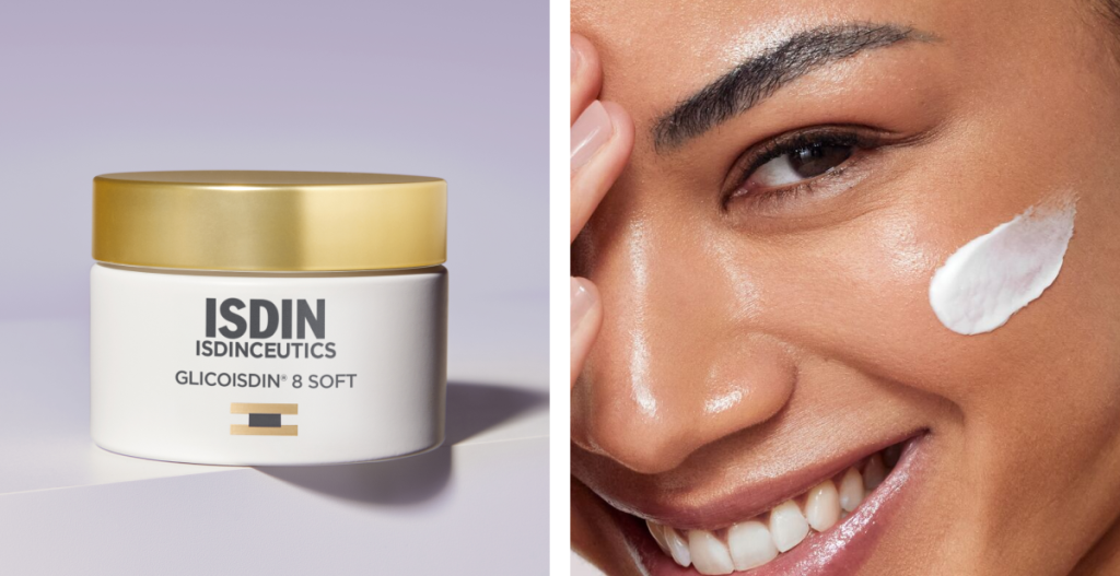Glicoisdin 8 Soft junto a una persona aplicando crema en el rostro, para una rutina facial suave y luminosa.