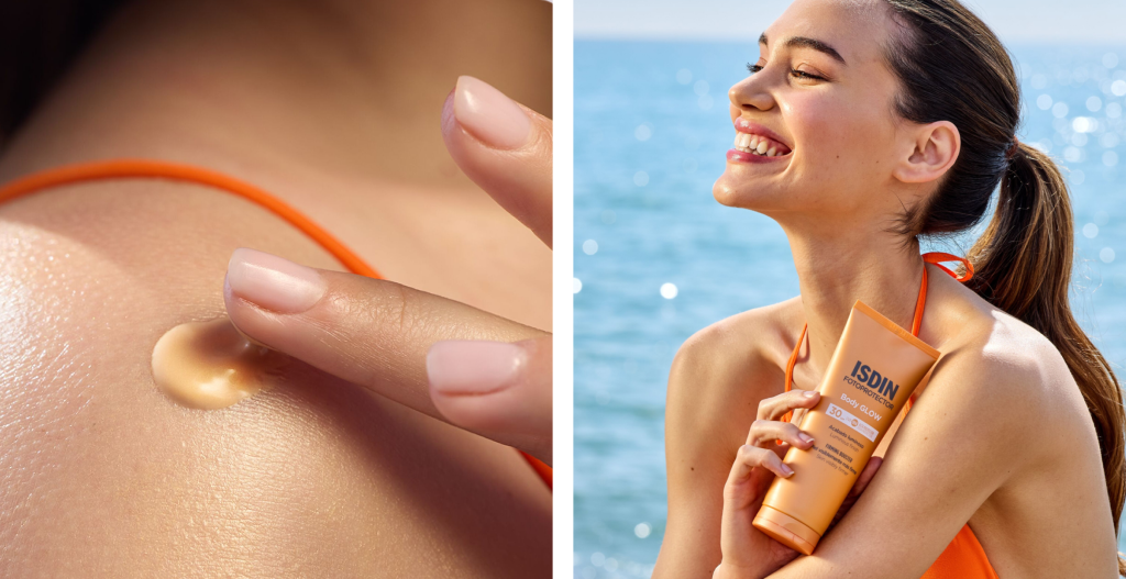 ISDIN Body Glow SPF 30 con textura luminosa sobre la piel para proteger y aportar acabado glow en verano.