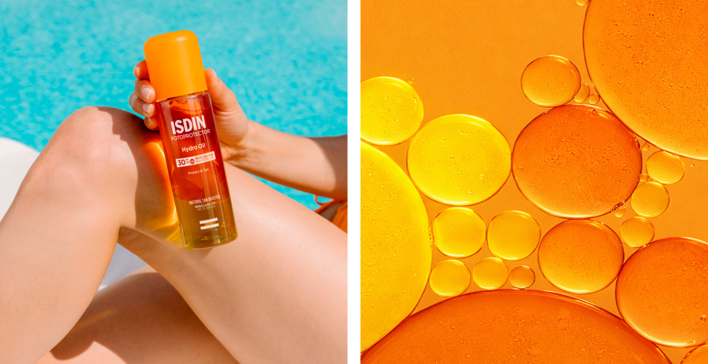 ISDIN Hydro Oil SPF 30 con acabado luminoso para proteger la piel y potenciar el bronceado natural.