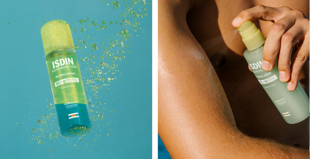 ISDIN Hydro Lotion SPF 50, fotoprotector bifásico con acción antioxidante para proteger la piel del cuerpo.