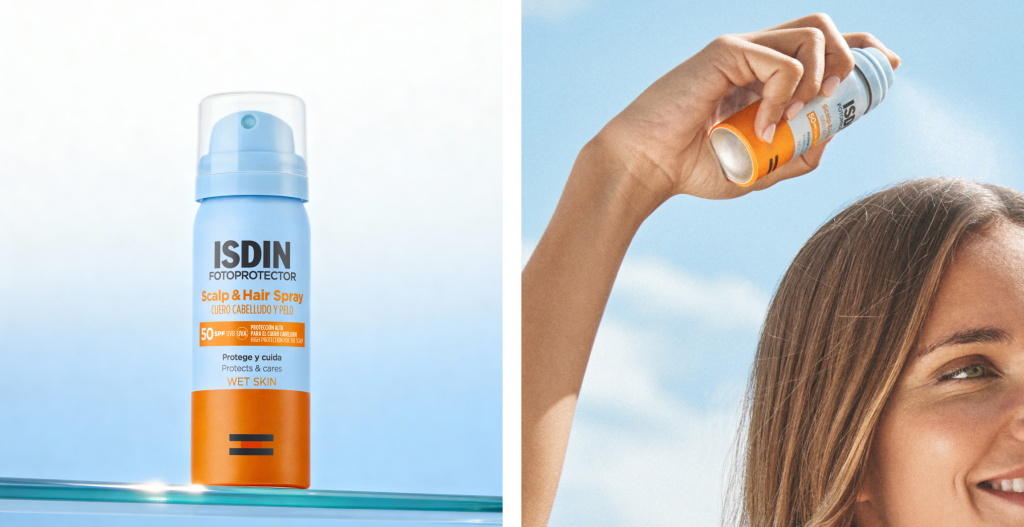 ISDIN Scalp & Hair Spray SPF 50 para proteger el cuero cabelludo y el cabello durante la exposición solar.
