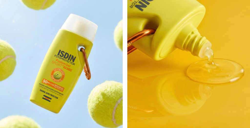 ISDIN Fusion Gel SPORT by Alcaraz SPF 50, fotoprotector corporal para deporte resistente al sudor.