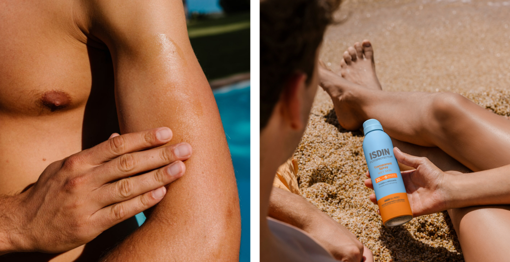 ISDIN Transparent Spray Wet Skin SPF 50 aplicado en la playa, fotoprotector corporal transparente y resistente al agua.