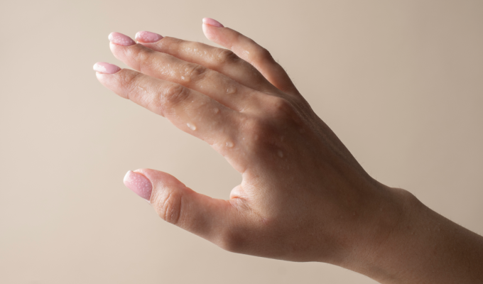 Mano con gotas de sudor, imagen principal sobre hiperhidrosis en manos y pies.