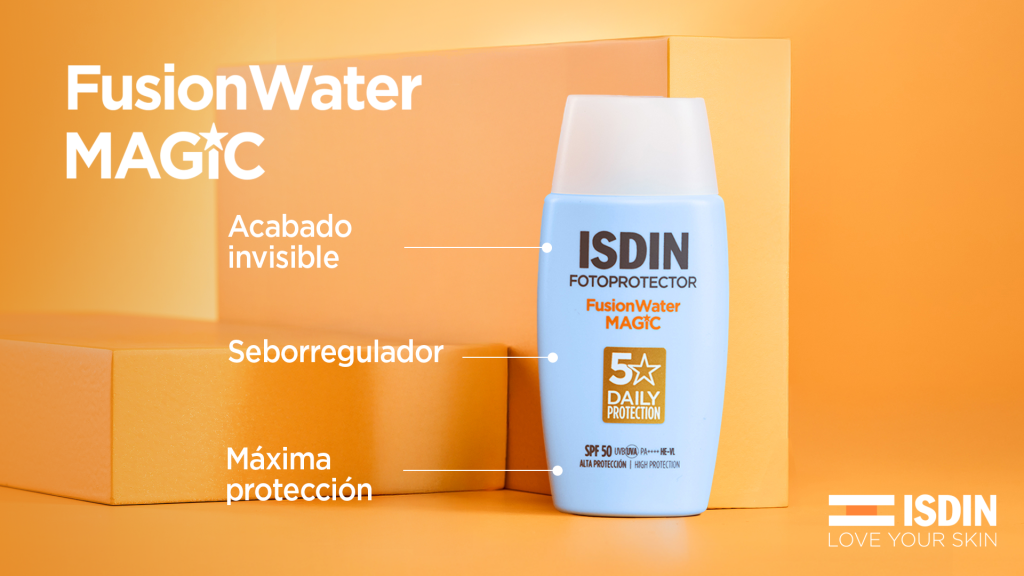 Fotoprotector ISDIN Fusion Water Magic SPF 50 con acabado invisible y acción seborreguladora.