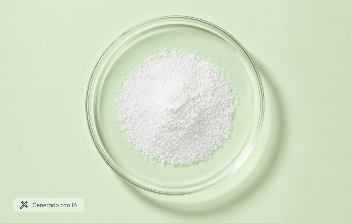 Zinc PCA en polvo blanco sobre una placa de vidrio, ingrediente cosmético utilizado en fórmulas para piel grasa.