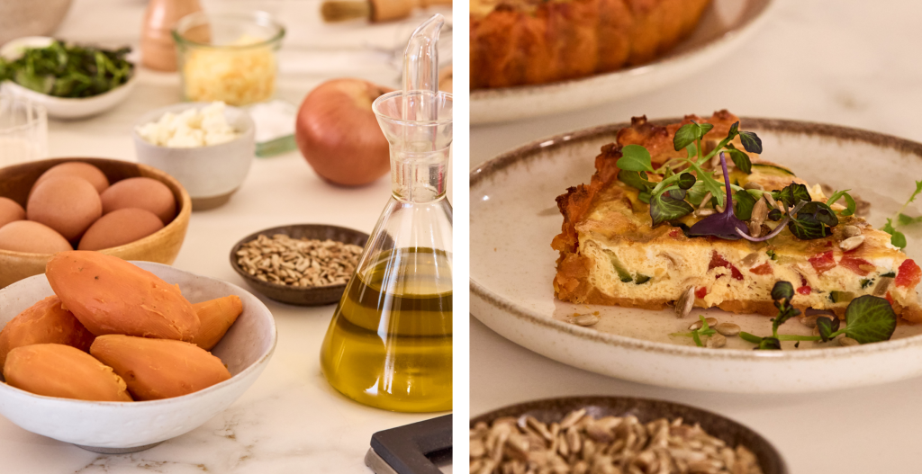 Boniato, huevos y aceite de oliva junto a una porción de tarta salada de verduras decorada con brotes frescos