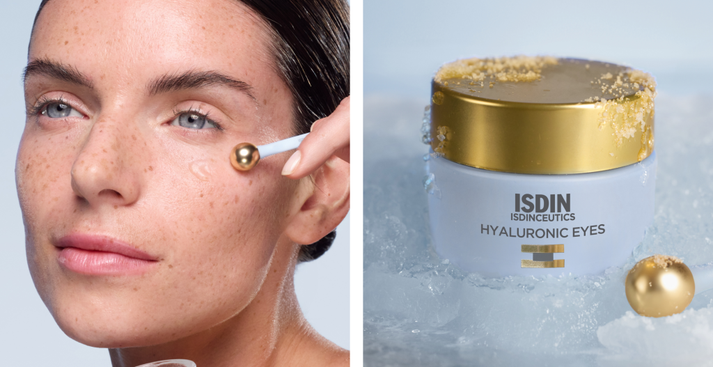 Woman applying hyaluronic acid eye cream